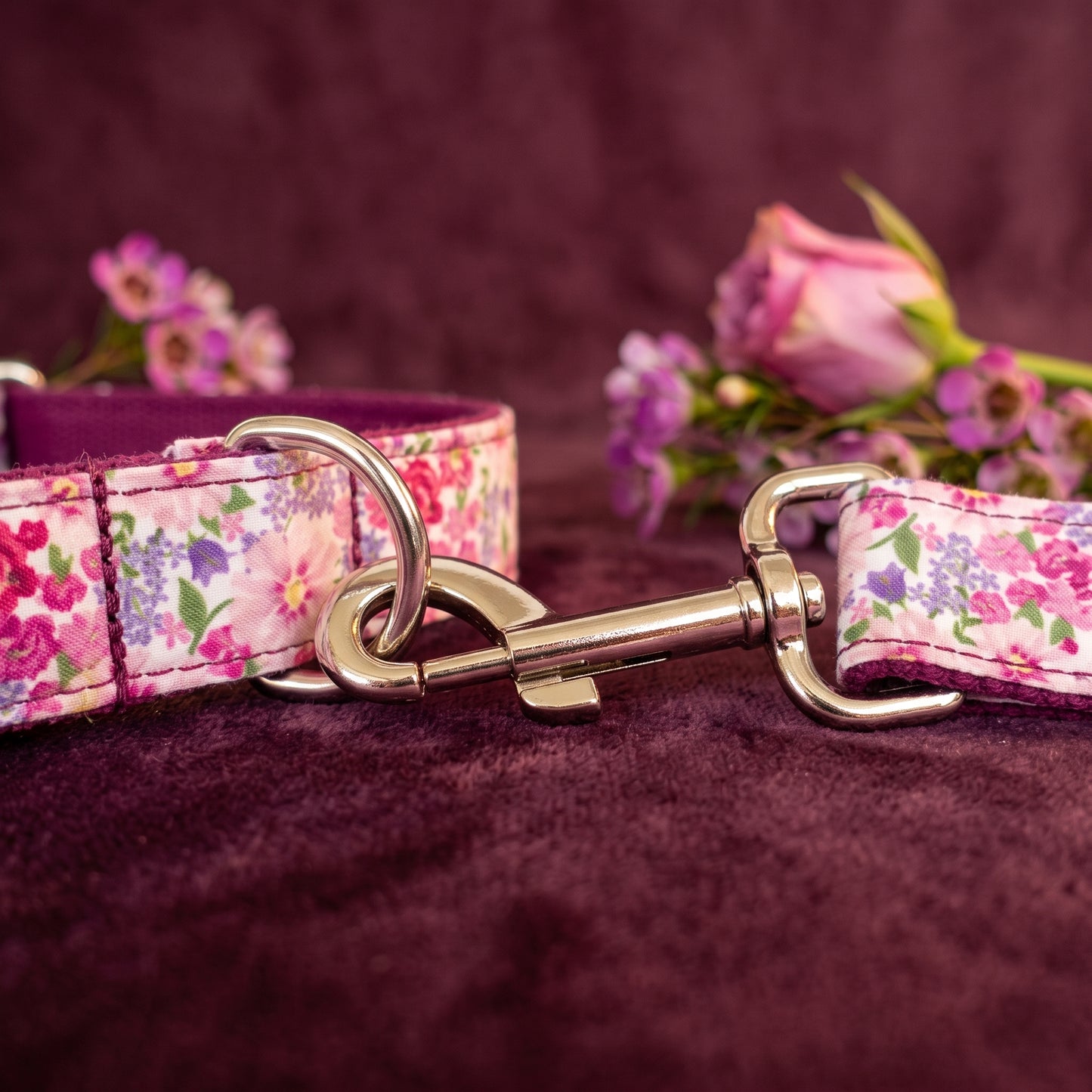 Purple Floral Collar, Bow & Leash Set