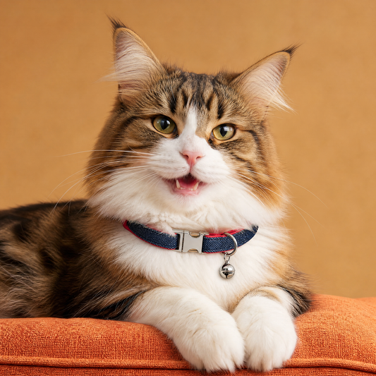 Cat wearing navy denim collar with red lining and bell, studio lifestyle shot