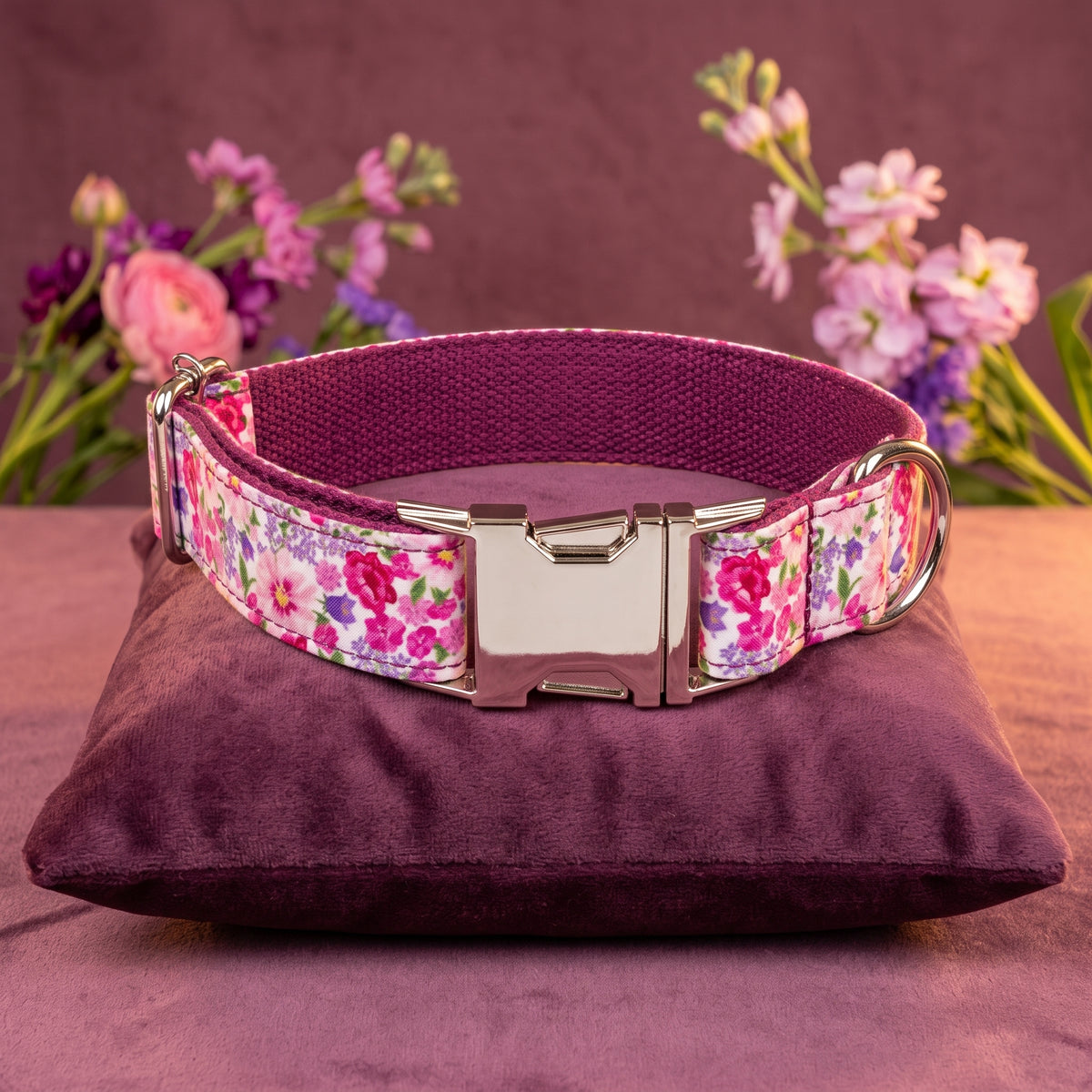 Purple Floral Collar, Bow & Leash Set