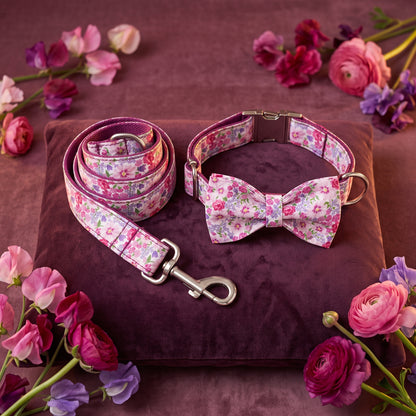Purple Floral Collar, Bow & Leash Set