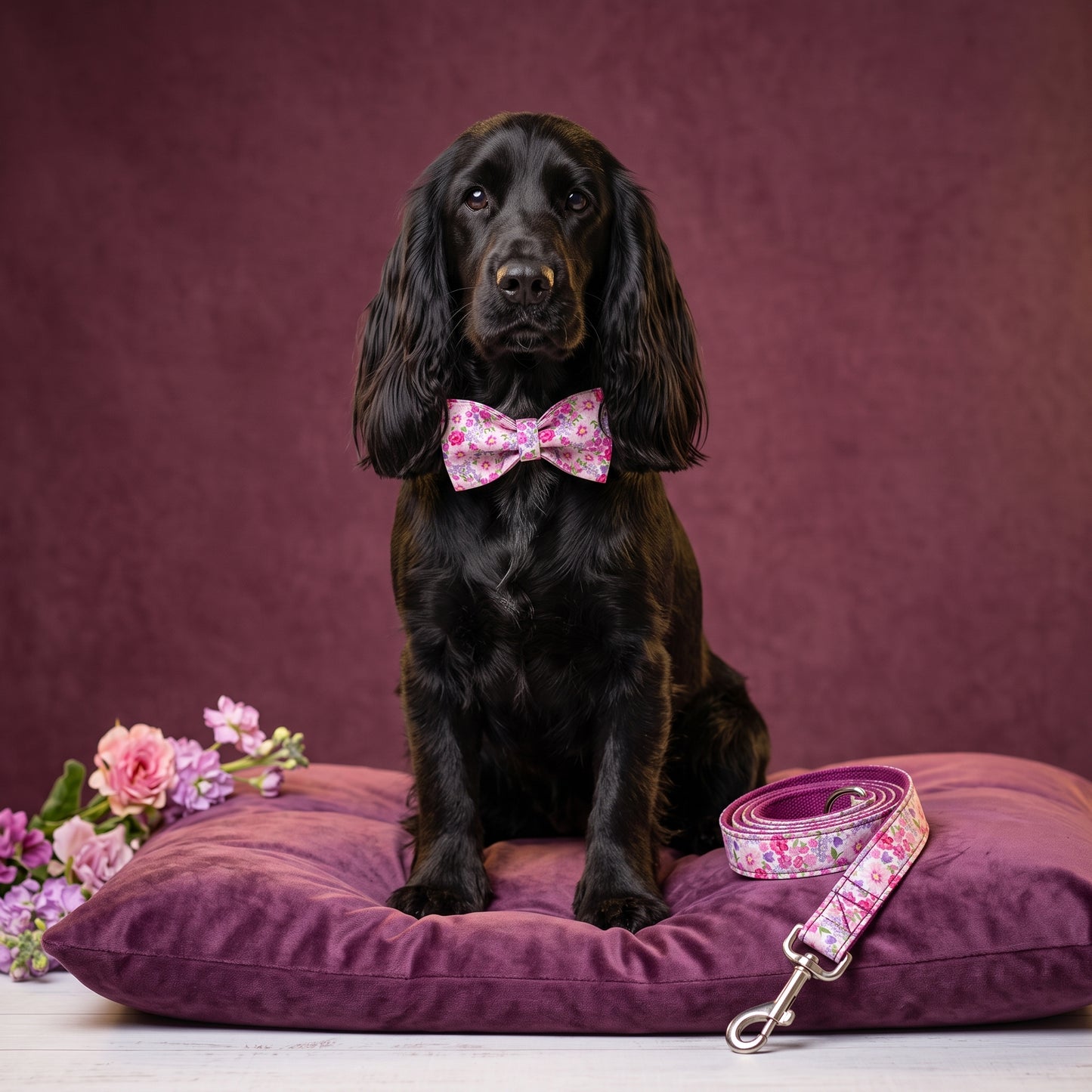 Purple Floral Collar, Bow & Leash Set