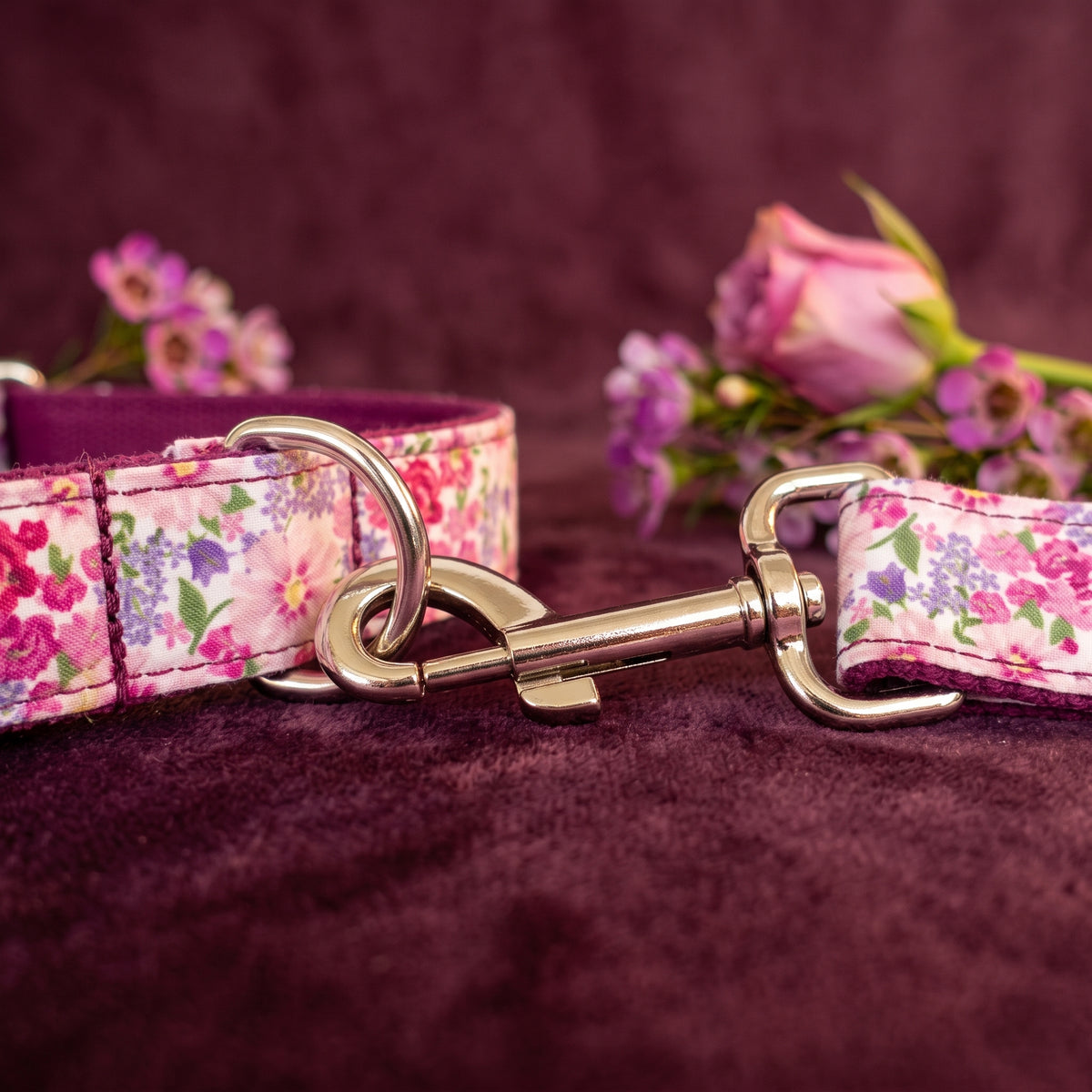Purple Floral Collar, Bow & Leash Set