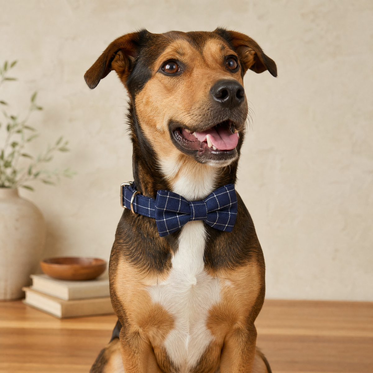 Dog wearing navy windowpane check collar and bow tie, luxury lifestyle shot